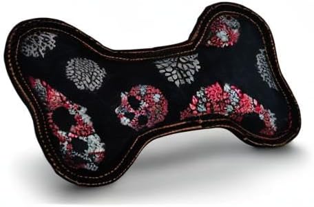 P.L.A.Y. Stuffed Dog Toys, ECO Bones - Extra Durable Squeaker Chew Toy, Great for Teething Puppies & Small, Medium, Large Dog Breeds - Machine Washable, Recycled Materials (Skull and Roses, Small)