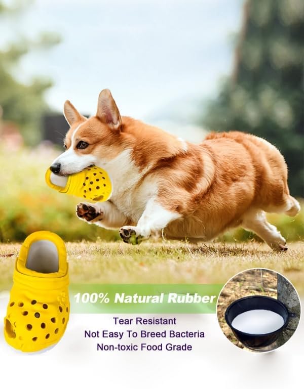 Durable Dog Toys for Aggressive Chewers, Large Dogs - Food Dispensing, Soft Rubber Shoe (Yellow)