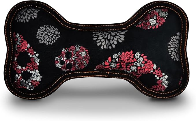 P.L.A.Y. Stuffed Dog Toys, ECO Bones - Extra Durable Squeaker Chew Toy, Great for Teething Puppies & Small, Medium, Large Dog Breeds - Machine Washable, Recycled Materials (Skull and Roses, Small)