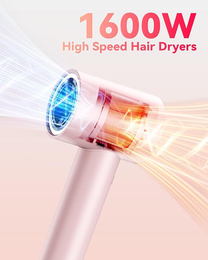 Hair Dryer for Women, 110000 RPM High Speed Blow Dryer, 200 Millions Negative Ionic Hair Dryers for Fast Drying, 1600W Quiet Hairdryer for Travel, Hair Dryer with Concentrators Nozzle, Pink