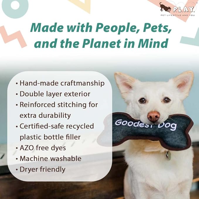 P.L.A.Y. Stuffed Dog Toys, ECO Bones - Extra Durable Squeaker Chew Toy, Great for Teething Puppies & Small, Medium, Large Dog Breeds - Machine Washable, Recycled Materials (Urban Denim, Medium)