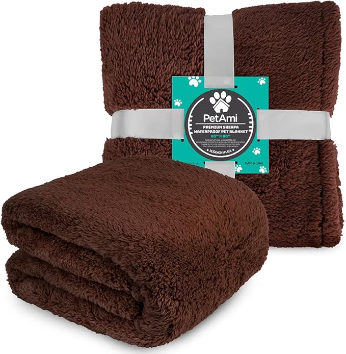 PetAmi Fluffy Waterproof Dog Blanket for Bed Large Dogs, Soft Warm Pet Sherpa Throw Pee Proof Couch Cover, Reversible Cat Blanket Sofa Crate Kennel Protector, Washable Mat (Brown, 60x80)