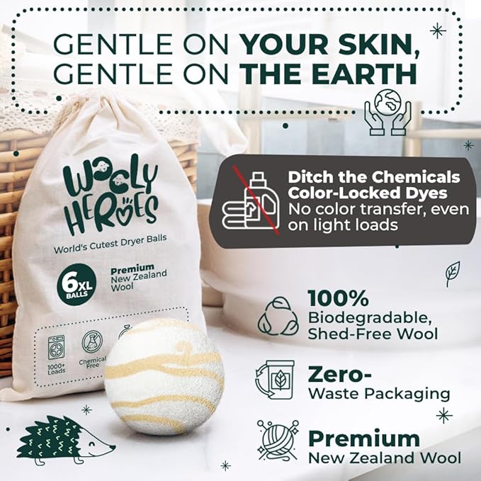 No More Dryer Sheets - Wool Dryer Balls - XL 6-Pack - Eco Dryer Balls - Dryer Balls Laundry Reusable - Softens Laundry Naturally - Reduces Drying Time & Static - with Storage Bag