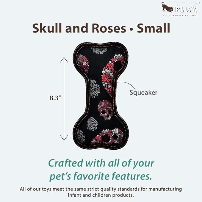 P.L.A.Y. Stuffed Dog Toys, ECO Bones - Extra Durable Squeaker Chew Toy, Great for Teething Puppies & Small, Medium, Large Dog Breeds - Machine Washable, Recycled Materials (Skull and Roses, Small)