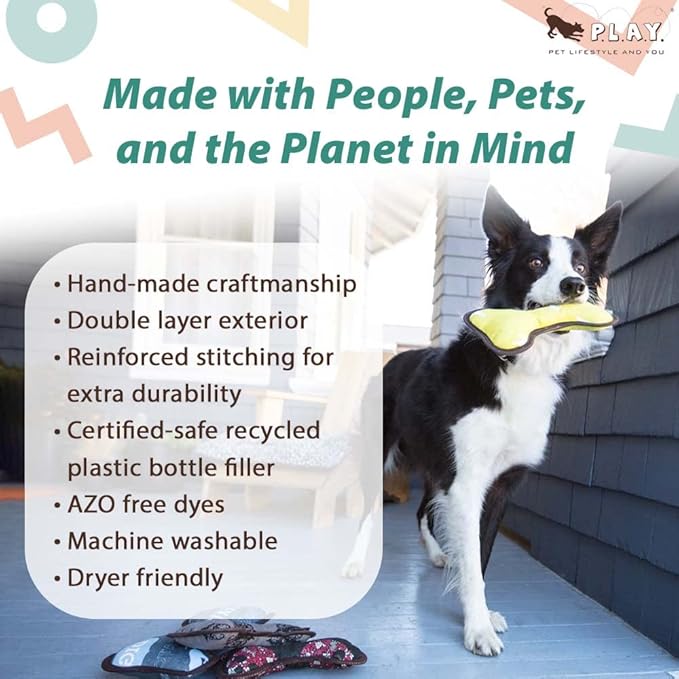 P.L.A.Y. Stuffed Dog Toys, ECO Bones - Extra Durable Squeaker Chew Toy, Great for Teething Puppies & Small, Medium, Large Dog Breeds - Machine Washable, Recycled Materials (Dog's Life, Small)