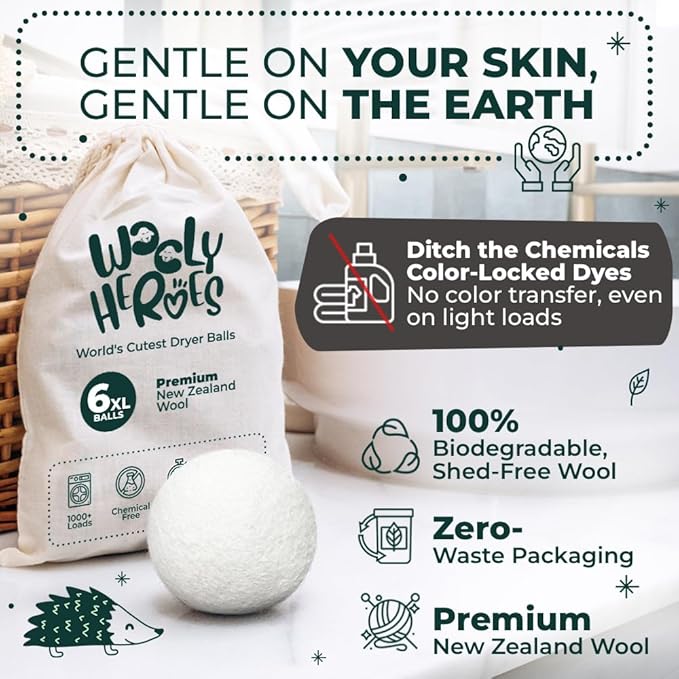 No More Dryer Sheets - Wool Dryer Balls - XL 6-Pack - Eco Dryer Balls - Dryer Balls Laundry Reusable - Softens Laundry Naturally - Reduces Drying Time & Static - with Storage Bag