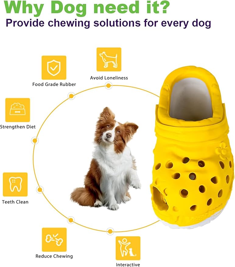 Durable Dog Toys for Aggressive Chewers, Large Dogs - Food Dispensing, Soft Rubber Shoe (Yellow)