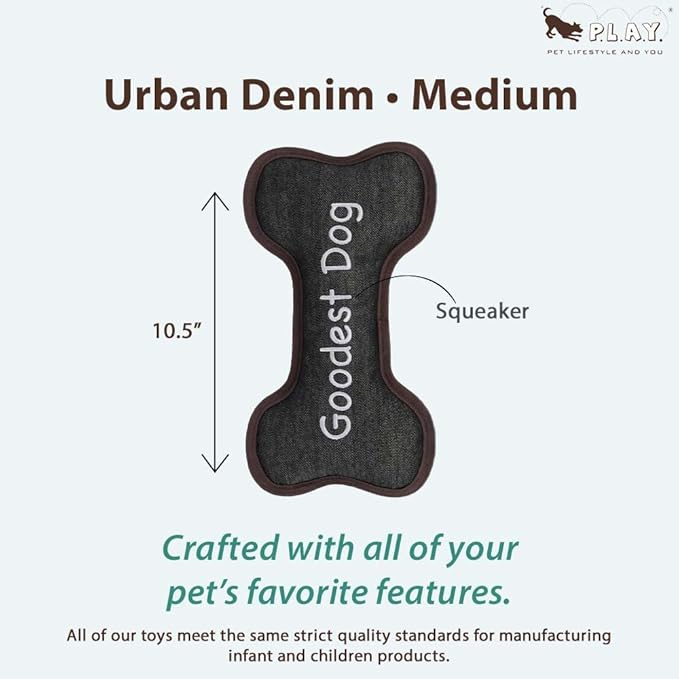 P.L.A.Y. Stuffed Dog Toys, ECO Bones - Extra Durable Squeaker Chew Toy, Great for Teething Puppies & Small, Medium, Large Dog Breeds - Machine Washable, Recycled Materials (Urban Denim, Medium)