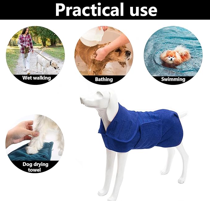 Geyecete Dog Drying Coat - Fast Drying Dog & Cat Bath Robe Towel, Luxuriously Soft - Blue, L