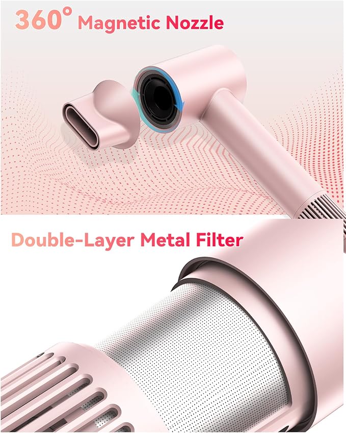 Hair Dryer for Women, 110000 RPM High Speed Blow Dryer, 200 Millions Negative Ionic Hair Dryers for Fast Drying, 1600W Quiet Hairdryer for Travel, Hair Dryer with Concentrators Nozzle, Pink