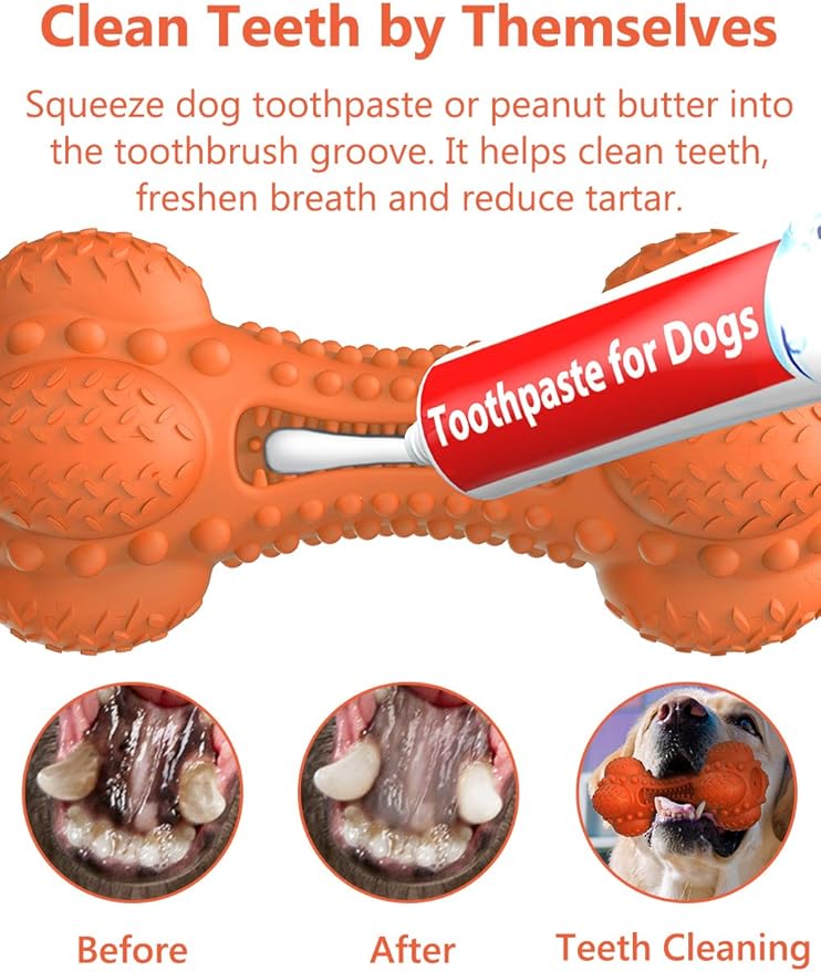 SCHITEC Two Squeaky Dog Chew Toy for Aggressive Chewers Large Breed, Tough Indestructible Rubber Bone with Toothbrush for Big Medium Dogs Teeth Cleaning, Blue and Orange