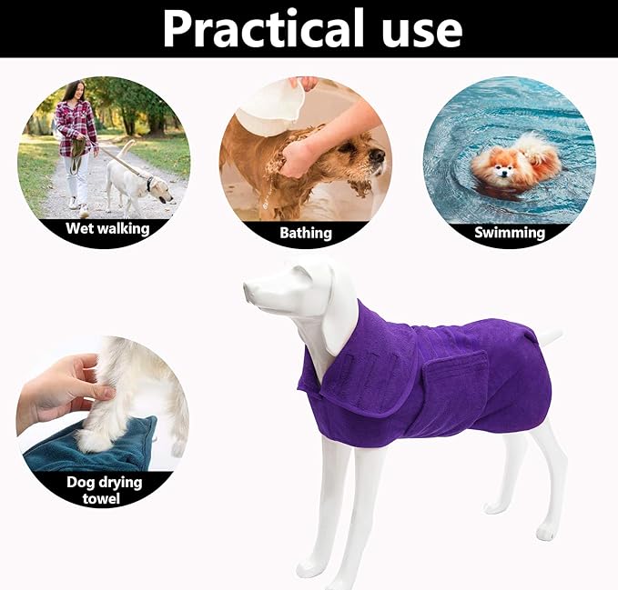 Geyecete Dog Drying Coat - Dog Bathrobe Towel - Microfibre Fast Drying Super Absorbent Pet Cat Bath Robe Towel, Luxuriously Soft - Purple - M