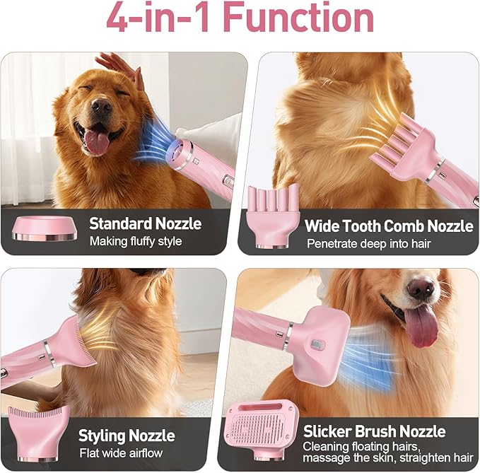 Dog Dryer, Dog Grooming Blow Dryer Kit with Slicker Brush for Pet, High Velocity Blow Dryer for Dogs with Adjustable Speed and Temperature for Dog Grooming Supplies and Home Use, Pink