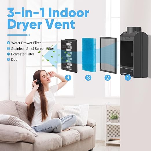 3-in-1 Indoor Dryer Vent Kit for Electric Dryer, Dryer Vent Box with 10 Pieces Polyester Filters, Stainless Steel Screen Filter and Water Drawer System (Vent Hose Include), Black