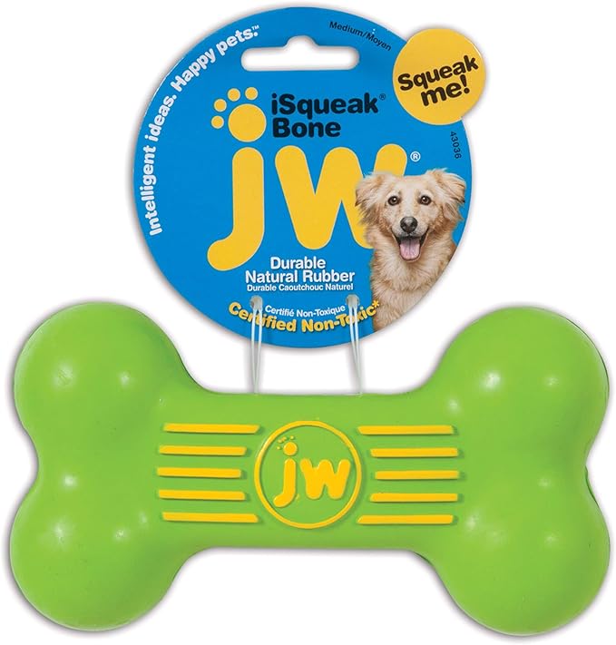 JW iSqueak Bone Durable Natural Rubber Dog Toy (Assorted Colors)