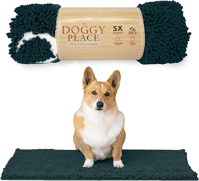 My Doggy Place Microfiber Dog Mat for Muddy Paws, 31" x 20" Teal with Paw Print - Absorbent and Quick-Drying Dog Paw Cleaning Mat, Washer and Dryer Safe - Non-Slip Rubber Backed Pet Mat, Medium