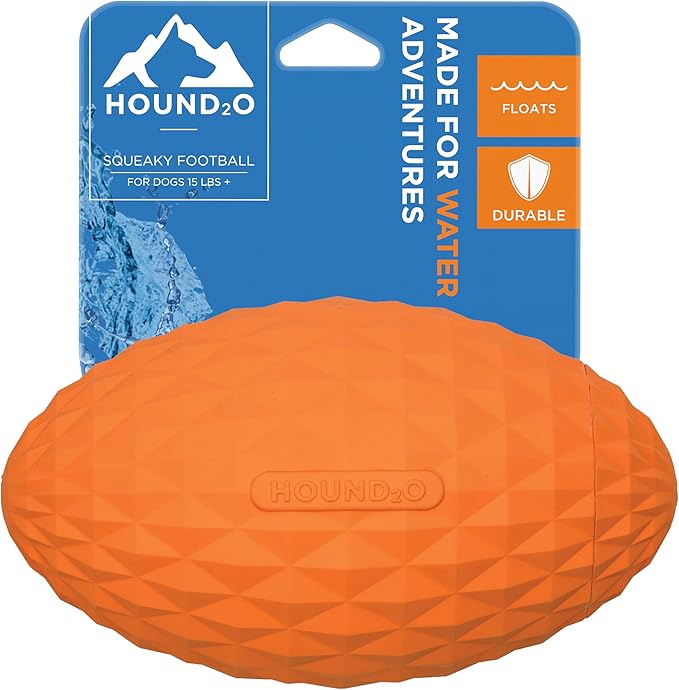 Hound2O Outdoor Dog Toys - Squeaky Football, Orange - Tough, Engaging, & Interactive Toy for All Breeds- Chew, Chase, & Fetch - Durable Non-Toxic Materials That Float - Easy to Clean for Outdoor Play