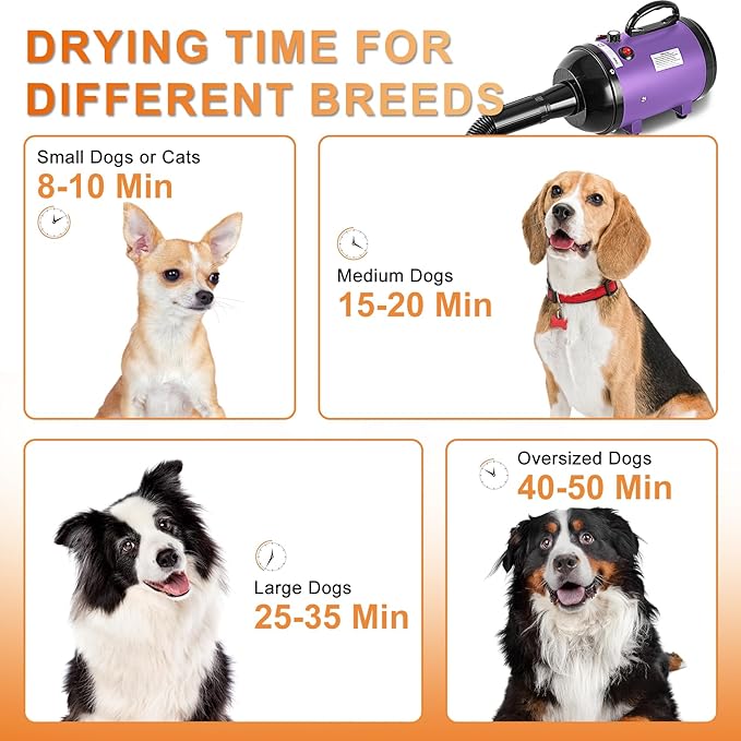 NESTROAD Dog Dryer for Pet Grooming,High Velocity 4.3HP/3200W Dog Blower Force Dryer with Stepless Adjustable Speed,Professional Pet Hair Drying with 4 Different Nozzles for Dogs Pets,Purple