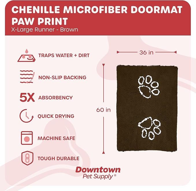 My Doggy Place Microfiber Dog Mat for Muddy Paws, 60" x 36" Brown with Paw Print - Non-Slip, Absorbent and Quick-Drying Dog Paw Cleaning Mat, Washer and Dryer Safe - X-Large/Runner