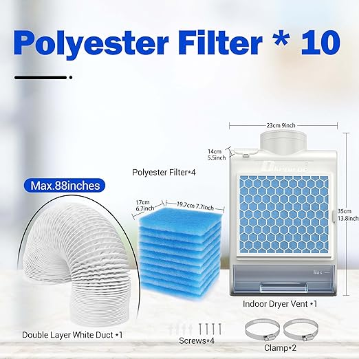 3-in-1 Indoor Dryer Vent Kit for Electric Dryer, Dryer Vent Box with 10 Pieces Polyester Filters, Stainless Steel Screen Filter and Water Drawer System for Protect Home Air Quality, White