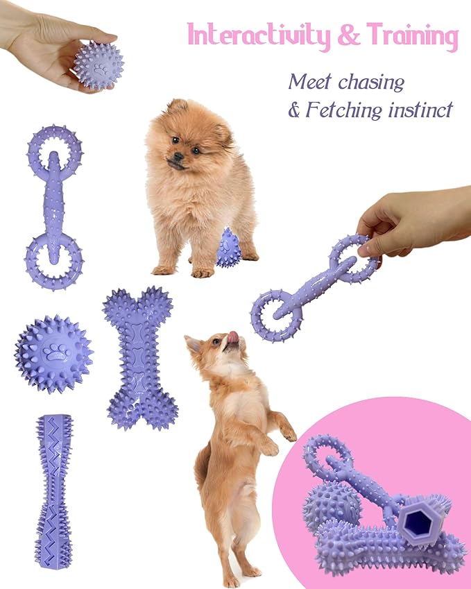 4 Pack Puppy Toys for 2-8 Months Pets Dog Chew Toy for Small Puppies Teething Toys for Cleaning Teeth Food Dispensing Soft Durable Rubber Bone Funny Ball Interactive Donut Treat Dumbbell (Purple)