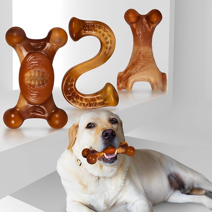 Apasiri Dog Toys for Aggressive Chewers, 3 Pack Indestructible Dog Toys for Large Dogs, Real Bacon Flavored, Tough Dogs Chew Bones for Medium/Large Breed, Durable Chew Toys to Keep Them Busy