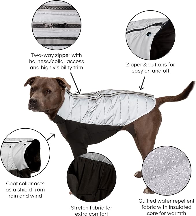 Furhaven Water-Repellent XL Dog Coat, Washable & Reflective w/ Leash Access & Stretch Fabric - Pro-Fit Active Jacket - Chrome, Extra Large