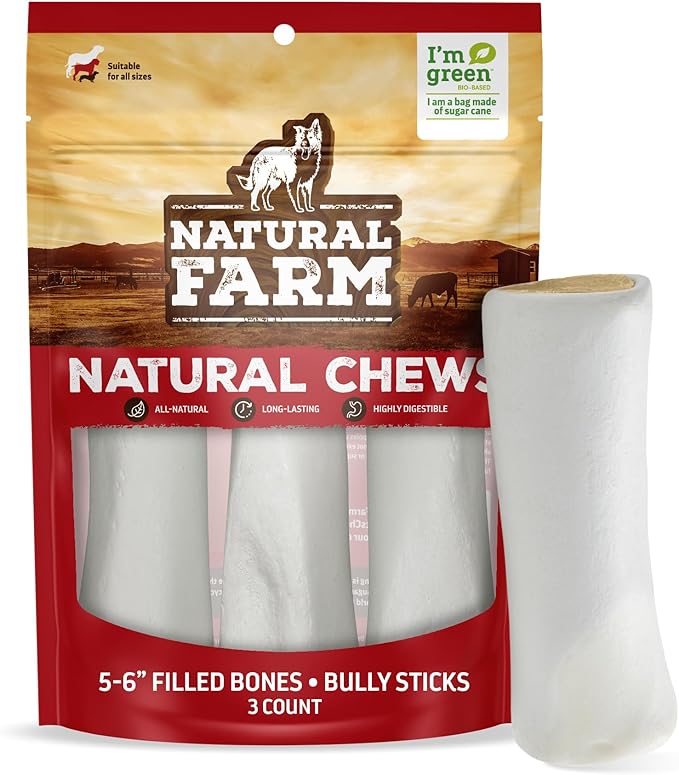 Natural Farm Filled Dog Bones, Bully Stick Flavor (5-6 Inch, 3 Pack), Limited Ingredient Stuffed Dental Dog Bone Treats for Large Dogs