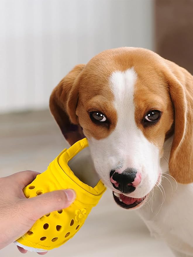 Durable Dog Toys for Aggressive Chewers, Large Dogs - Food Dispensing, Soft Rubber Shoe (Yellow)