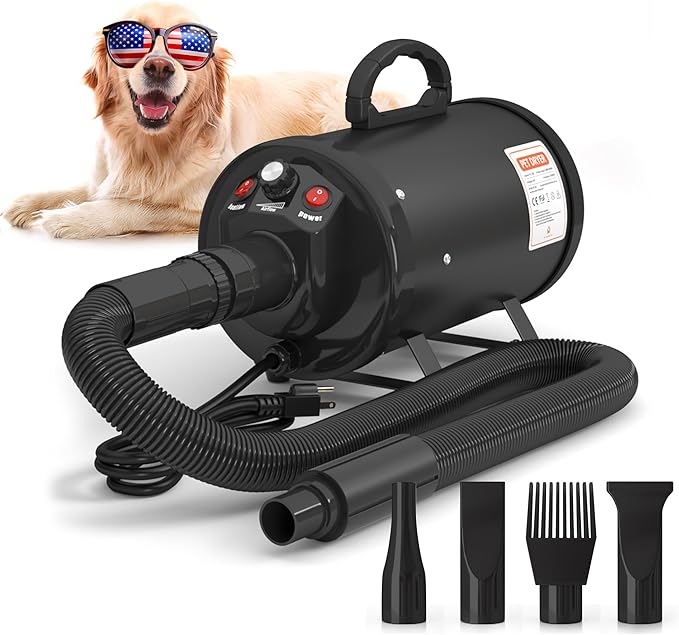 High-Velocity Dog Dryer for Grooming - Quiet Pet Hair Blow Dryer with Heater, 4 Nozzles & Adjustable Speed - Professional Dog Blower for Large Dogs, Thick Coats & Deshedding