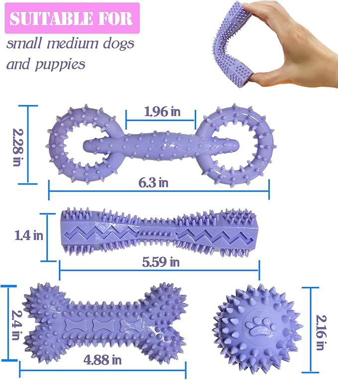 4 Pack Puppy Toys for 2-8 Months Pets Dog Chew Toy for Small Puppies Teething Toys for Cleaning Teeth Food Dispensing Soft Durable Rubber Bone Funny Ball Interactive Donut Treat Dumbbell (Purple)