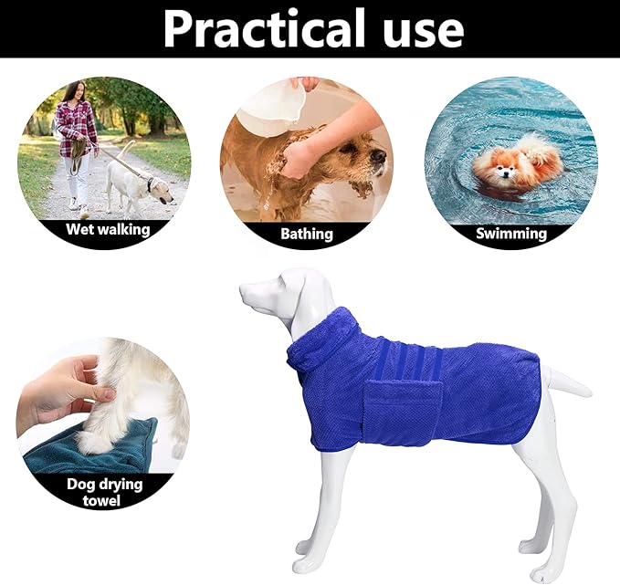 Dog Bathrobe Towel Geyecete Dog Drying Coat-Dry Fast Bag-Pineapple Grid Fast Drying Super Absorbent Pet Dog Cat Bath Robe Towel-Blue-L