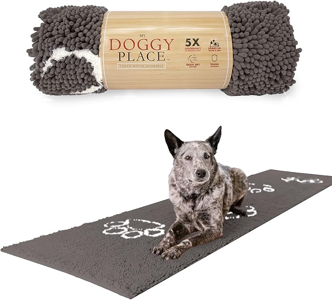 My Doggy Place Microfiber Dog Mat for Muddy Paws, 8' x 2' Ash with Paw Print - Non-Slip, Absorbent and Quick-Drying Dog Paw Cleaning Mat, Washer and Dryer Safe - Hallway Runner