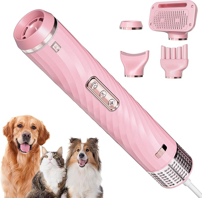 Dog Dryer, Dog Grooming Blow Dryer Kit with Slicker Brush for Pet, High Velocity Blow Dryer for Dogs with Adjustable Speed and Temperature for Dog Grooming Supplies and Home Use, Pink