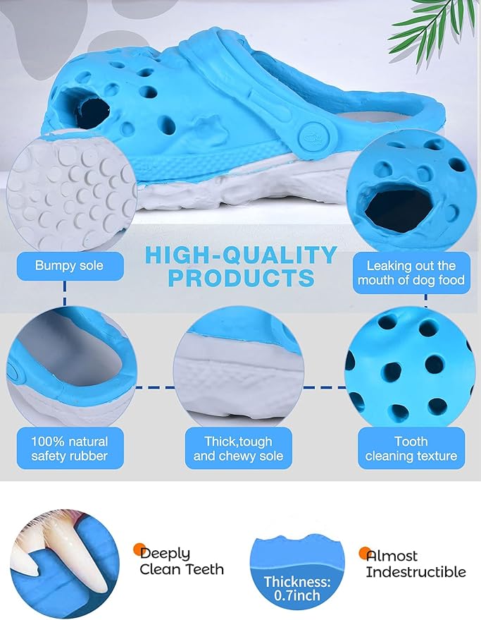 Durable Dog Toys for Aggressive Chewers, Large Dogs - Food Dispensing, Soft Rubber Shoe (Blue)