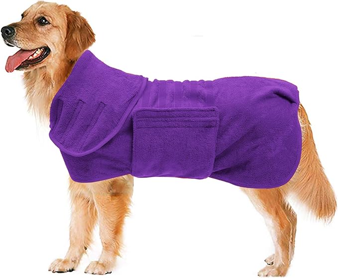Geyecete Dog Drying Coat - Dog Bathrobe Towel - Microfibre Fast Drying Super Absorbent Pet Cat Bath Robe Towel, Luxuriously Soft - Purple - M