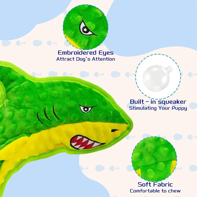 Dog Toy Squeaky Durable Dog Toys Chew for Aggressive Dogs No-Stuffed Dog Toy Interactive Hours of Fun Keep pups Busy -Green Shark,Bubble-Pressed Ultra-Soft Fabric