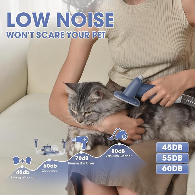 Dog Grooming Vacuum and Dryer Kit, Blower for Pet Vacuum Grooming 7 in 1 with Clippers for Dogs Hair Shedding Brush Remover Tools at Home Blue Grey