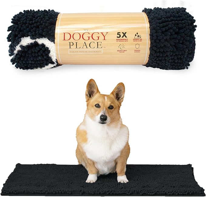My Doggy Place Microfiber Dog Mat for Muddy Paws, 31" x 20" Black With Paw Print - Absorbent, Quick-Drying Paw Cleaning, Washer and Dryer Safe - Non-Slip Rubber Backed Pet Mat, Medium