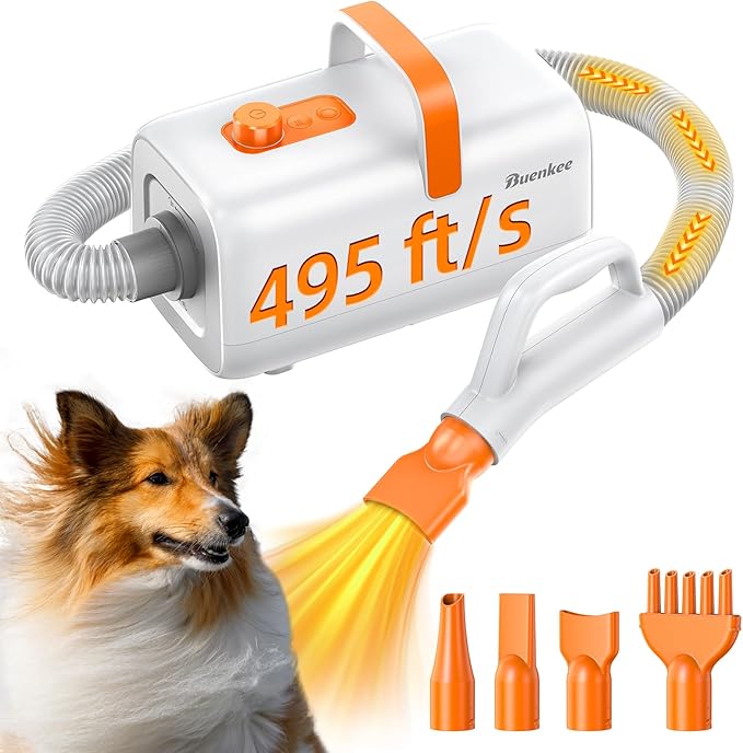 Dog Blower Grooming Dryer for Beginner - Maximum 495ft/s High Velocity Pet Blow Dryer with Cool-Warm-Hot Cycle Mode, Adjustable Temp & Speed, Dog Dryer with 4 Nozzles and Up to 6.56ft Flexible Hose