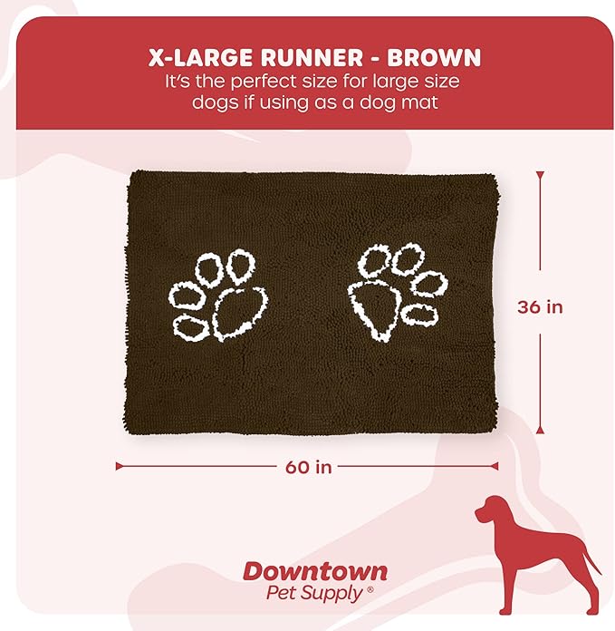 My Doggy Place Microfiber Dog Mat for Muddy Paws, 60" x 36" Brown with Paw Print - Non-Slip, Absorbent and Quick-Drying Dog Paw Cleaning Mat, Washer and Dryer Safe - X-Large/Runner