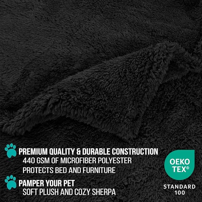 PetAmi Fluffy Waterproof Dog Blanket for Small Medium Dogs, Soft Warm Pet Sherpa Throw Pee Proof Couch Cover, Reversible Cat Puppy Bed Blanket Sofa Protector, Plush Washable Pad (Black, 24x32)