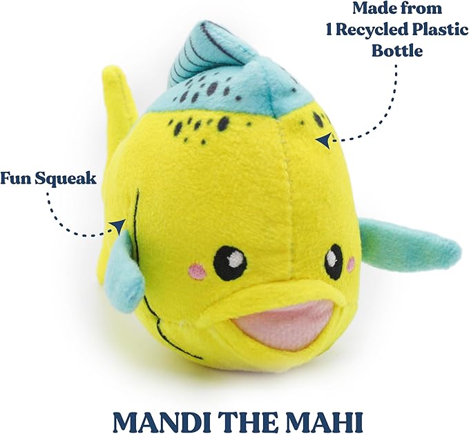 Ocean Collection Dog Toys | Small Sized Mandi The Mahi Mahi | Cute, Durable, & Sustainable Plush Chew Toys for Dogs up to 25 lbs | Eco Friendly & 100% Recycled Materials