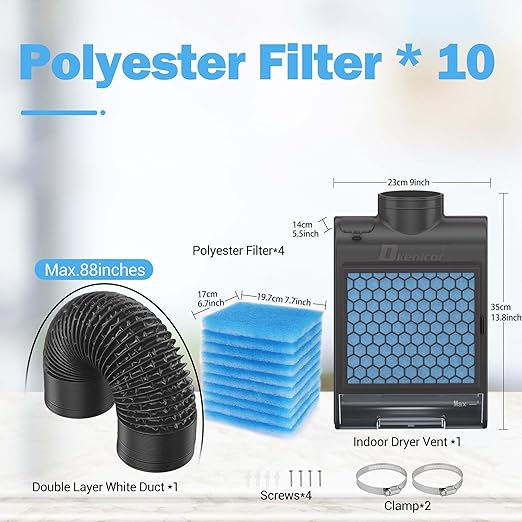 3-in-1 Indoor Dryer Vent Kit for Electric Dryer, Dryer Vent Box with 10 Pieces Polyester Filters, Stainless Steel Screen Filter and Water Drawer System (Vent Hose Include), Black