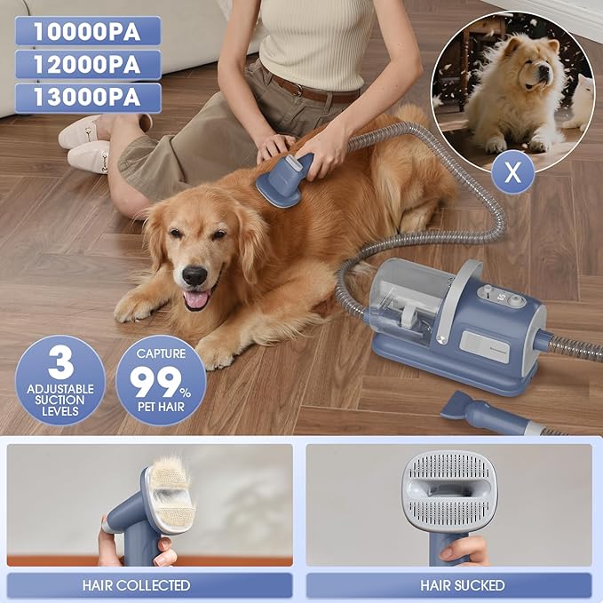 Dog Grooming Vacuum and Dryer Kit, Blower for Pet Vacuum Grooming 7 in 1 with Clippers for Dogs Hair Shedding Brush Remover Tools at Home Blue Grey