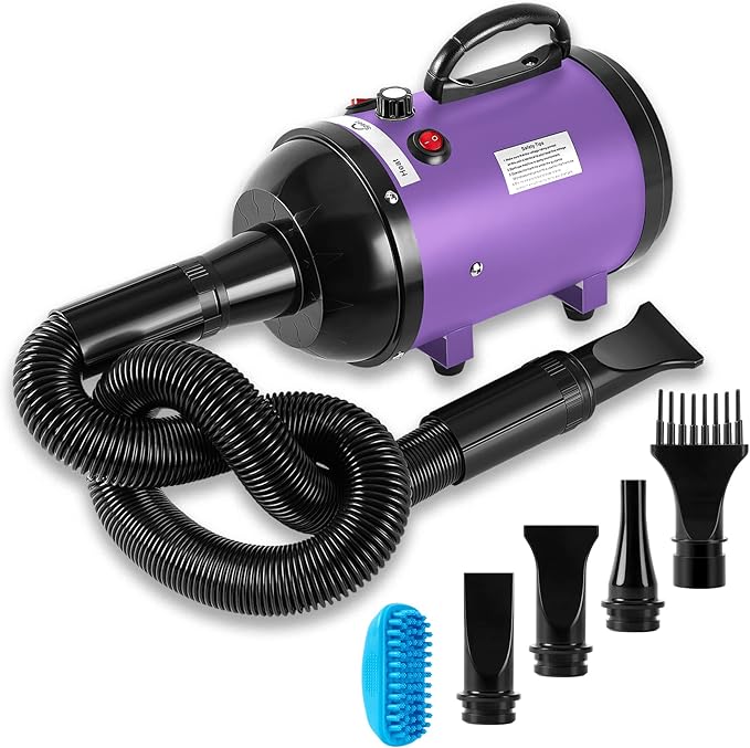 NESTROAD Dog Dryer for Pet Grooming,High Velocity 4.3HP/3200W Dog Blower Force Dryer with Stepless Adjustable Speed,Professional Pet Hair Drying with 4 Different Nozzles for Dogs Pets,Purple