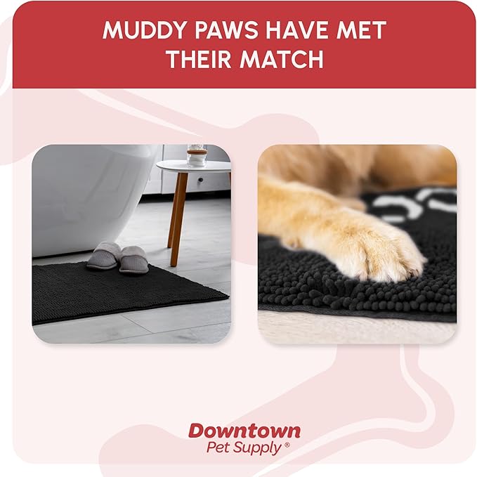 My Doggy Place Microfiber Dog Mat for Muddy Paws, 31" x 20" Black With Paw Print - Absorbent, Quick-Drying Paw Cleaning, Washer and Dryer Safe - Non-Slip Rubber Backed Pet Mat, Medium