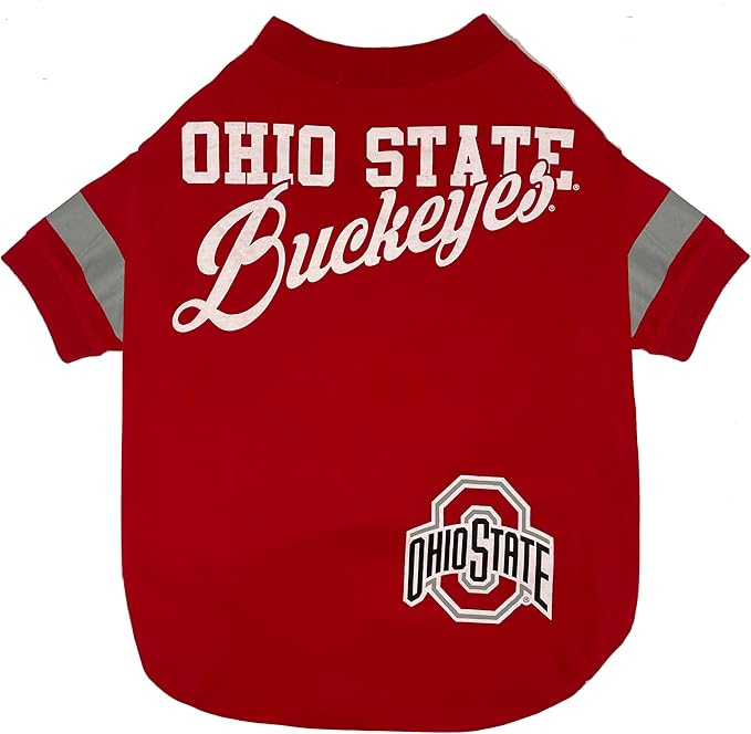 NCAA Ohio State Buckeyes T-Shirt for Dogs & Cats, Small. Football/Basketball Dog Shirt for College NCAA Team Fans. New & Updated Fashionable Stripe Design, Durable & Cute Sports PET TEE Shirt Outfit