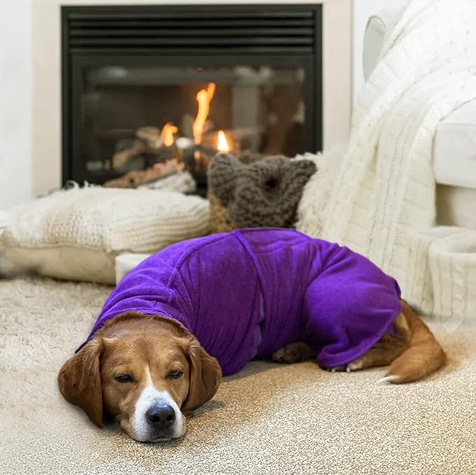 Geyecete Dog Drying Coat - Dog Bathrobe Towel - Microfibre Fast Drying Super Absorbent Pet Cat Bath Robe Towel, Luxuriously Soft - Purple - M