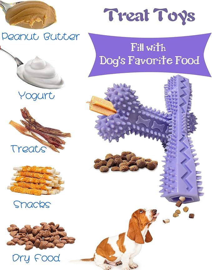 4 Pack Puppy Toys for 2-8 Months Pets Dog Chew Toy for Small Puppies Teething Toys for Cleaning Teeth Food Dispensing Soft Durable Rubber Bone Funny Ball Interactive Donut Treat Dumbbell (Purple)